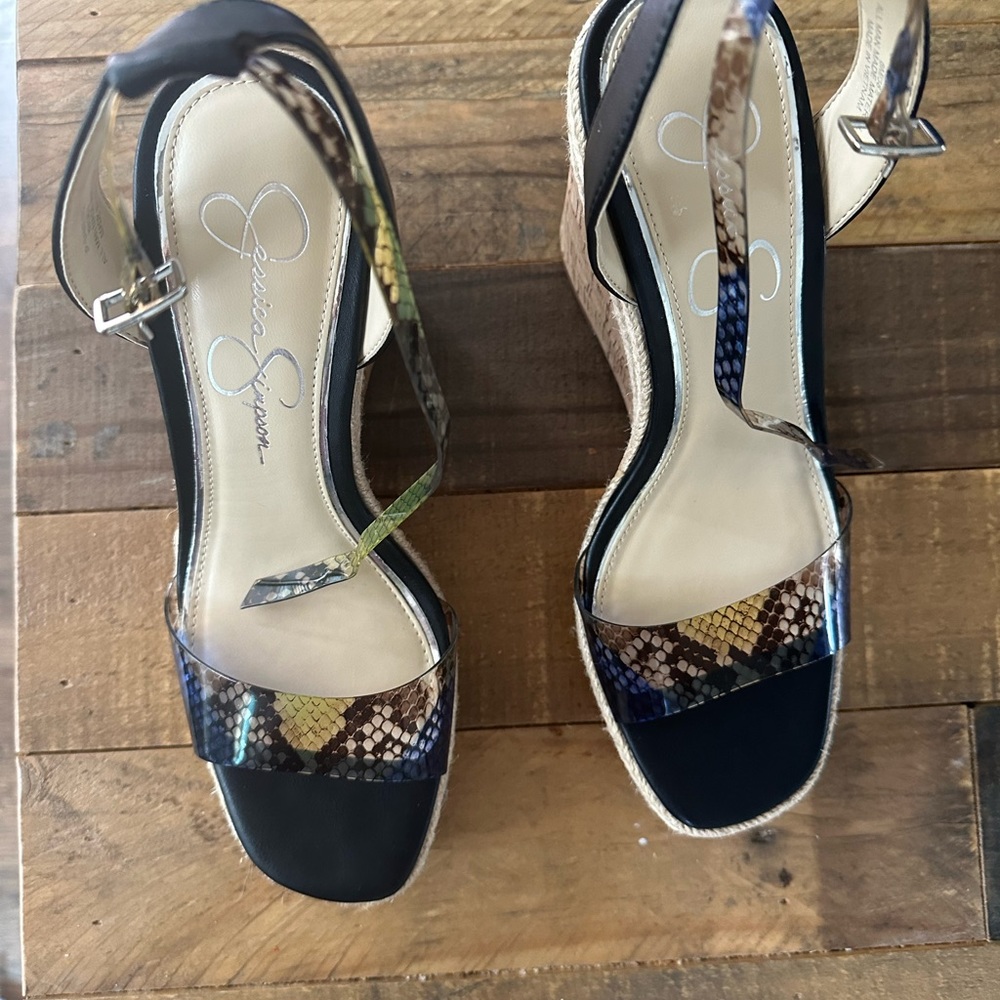 Jessica Simpson Clear Multi-colored Snake Print Cork Wedge Size 8.5